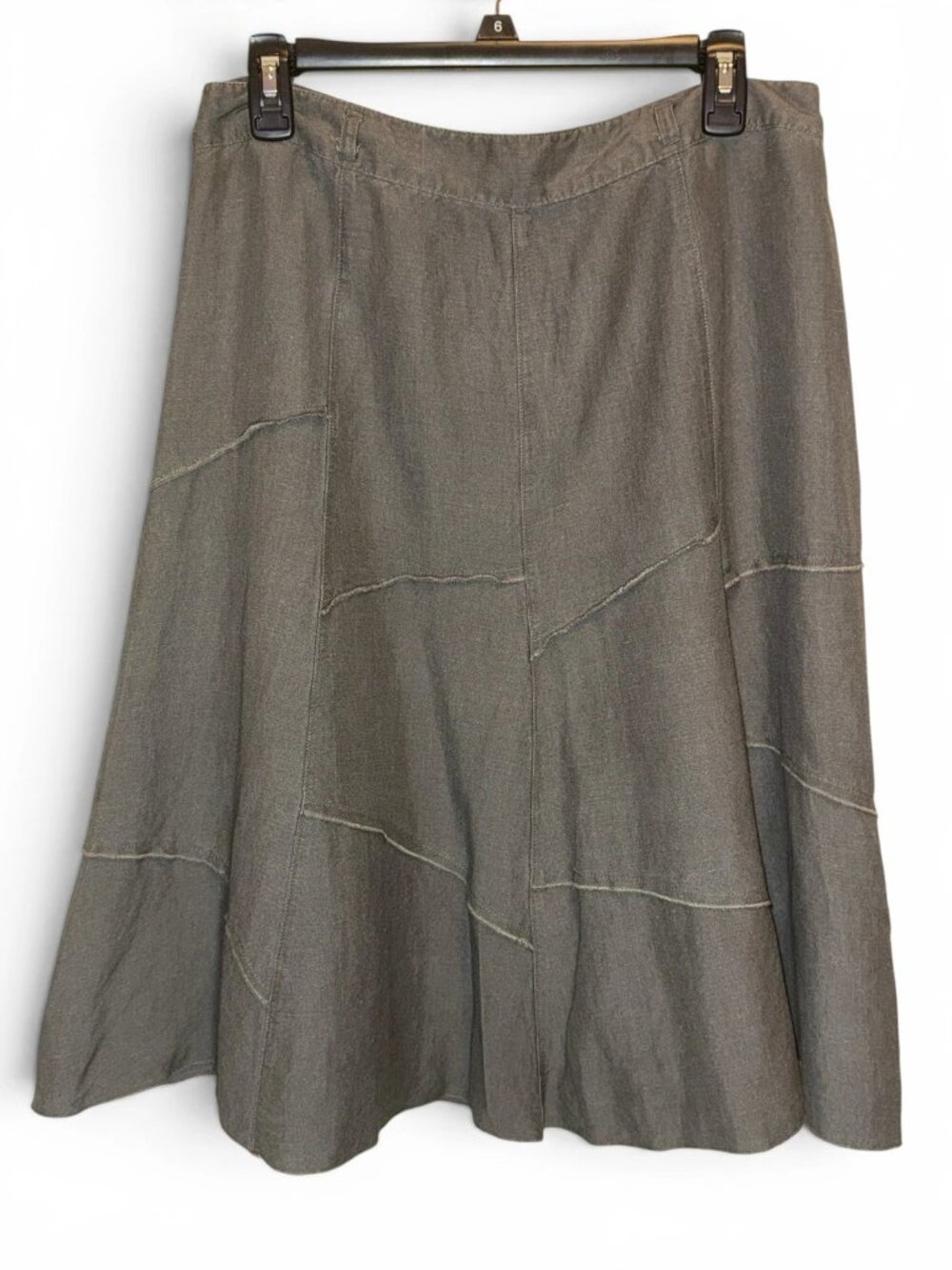 Sandro A-Line Khaki army green Patchwork Midi Linen bland lagenlook Skirt sz 12